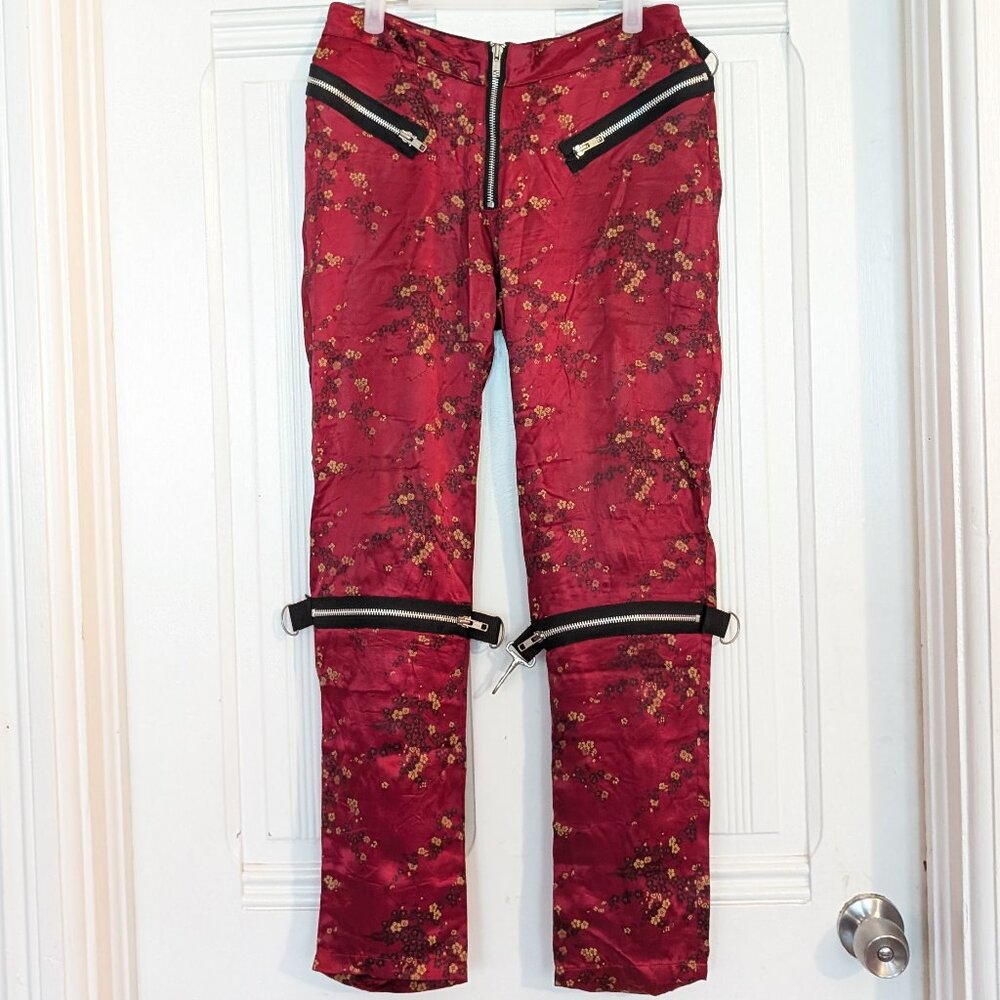 VTG 1990s DP Gerl by Dog Pile Bondage Pants Red Satin Cherry Blossom Sz. M